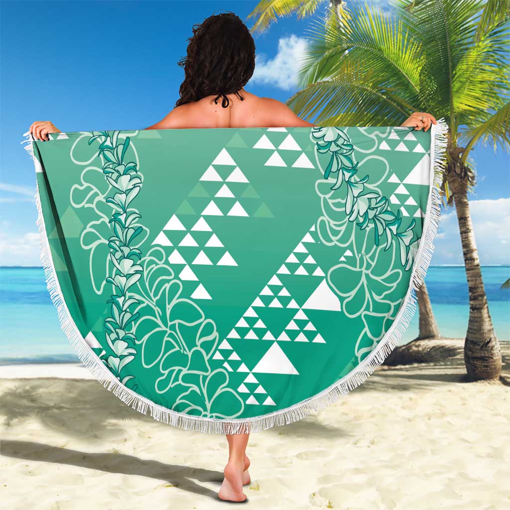 Hawaii Jade Green Kapa Beach Blanket Vintage 'Ohe Kāpala Motifs Mix Plumeria Leis