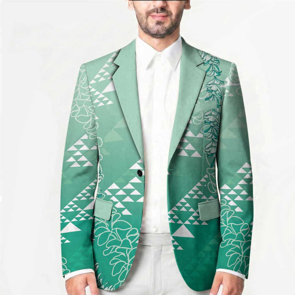Hawaii Jade Green Kapa Blazer Vintage 'Ohe Kāpala Motifs Mix Plumeria Leis