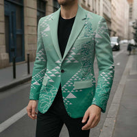Hawaii Jade Green Kapa Blazer Vintage 'Ohe Kāpala Motifs Mix Plumeria Leis