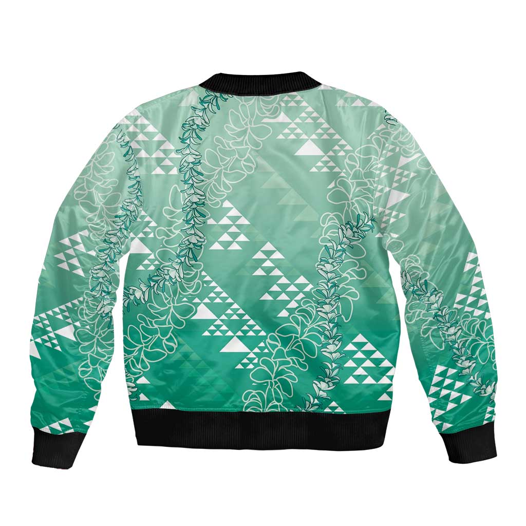 Hawaii Jade Green Kapa Bomber Jacket Vintage 'Ohe Kāpala Motifs Mix Plumeria Leis