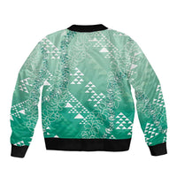 Hawaii Jade Green Kapa Bomber Jacket Vintage 'Ohe Kāpala Motifs Mix Plumeria Leis