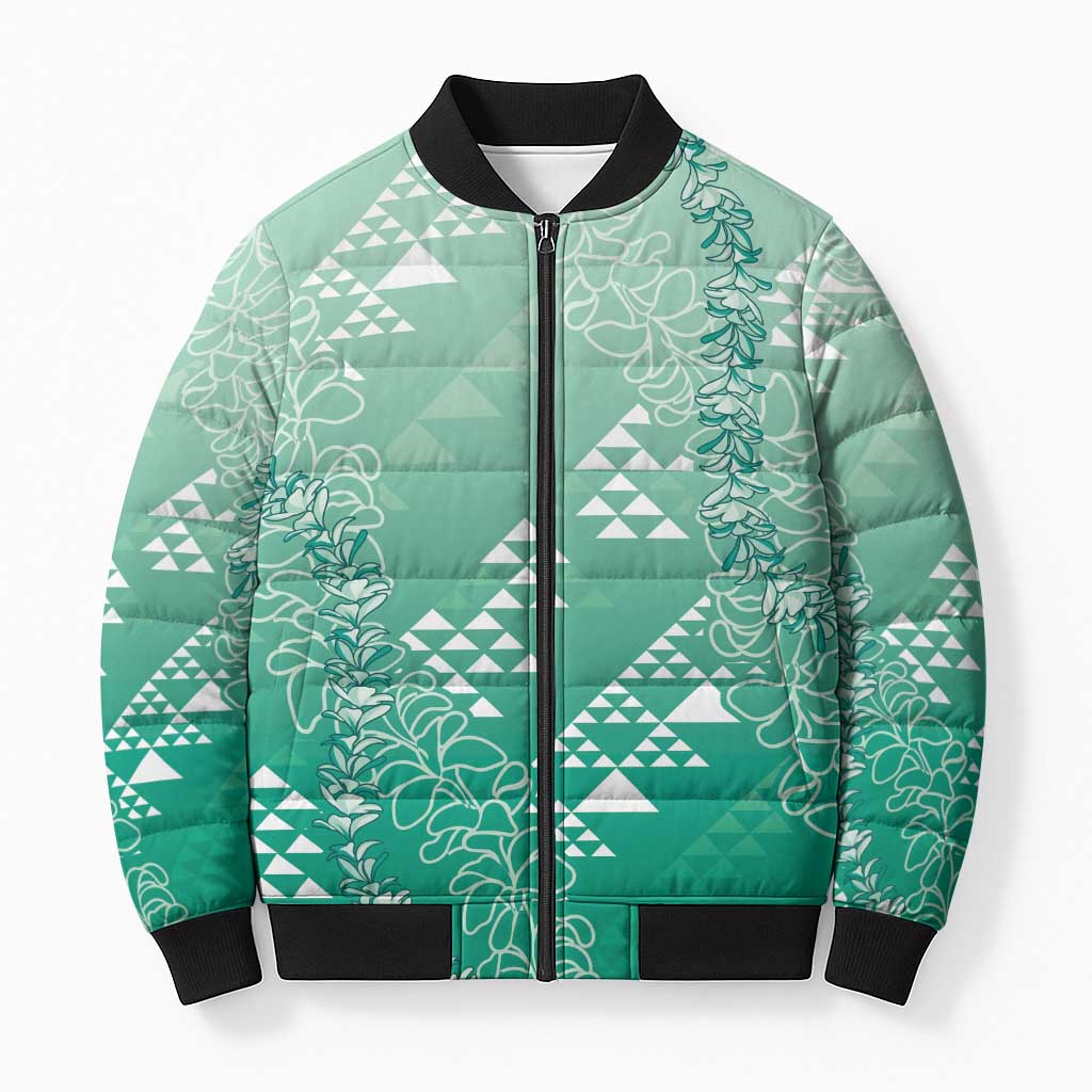 Hawaii Jade Green Kapa Bomber Puffer Jacket Vintage 'Ohe Kāpala Motifs Mix Plumeria Leis