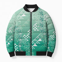 Hawaii Jade Green Kapa Bomber Puffer Jacket Vintage 'Ohe Kāpala Motifs Mix Plumeria Leis
