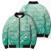 Hawaii Jade Green Kapa Bomber Puffer Jacket Vintage 'Ohe Kāpala Motifs Mix Plumeria Leis