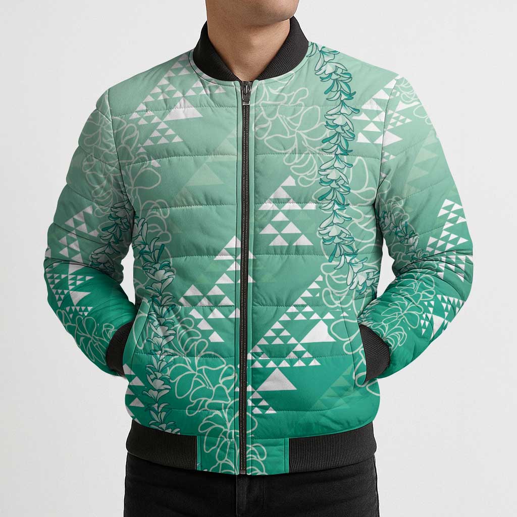 Hawaii Jade Green Kapa Bomber Puffer Jacket Vintage 'Ohe Kāpala Motifs Mix Plumeria Leis
