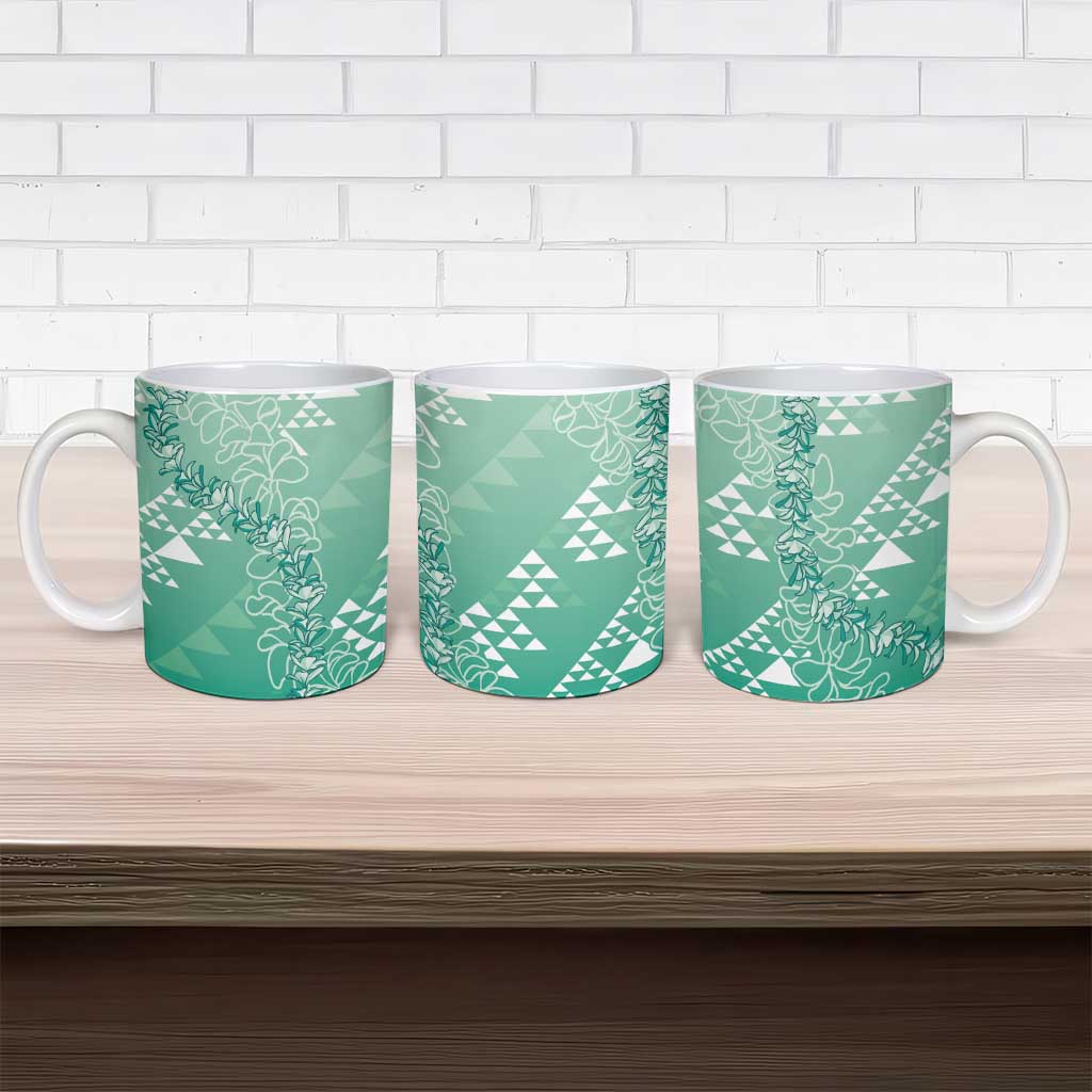 Hawaii Jade Green Kapa Ceramic Mug Vintage 'Ohe Kāpala Motifs Mix Plumeria Leis