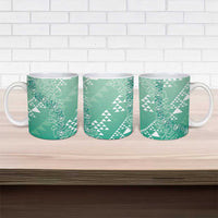 Hawaii Jade Green Kapa Ceramic Mug Vintage 'Ohe Kāpala Motifs Mix Plumeria Leis