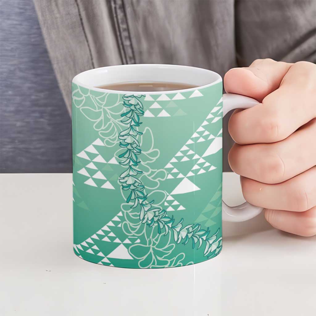 Hawaii Jade Green Kapa Ceramic Mug Vintage 'Ohe Kāpala Motifs Mix Plumeria Leis