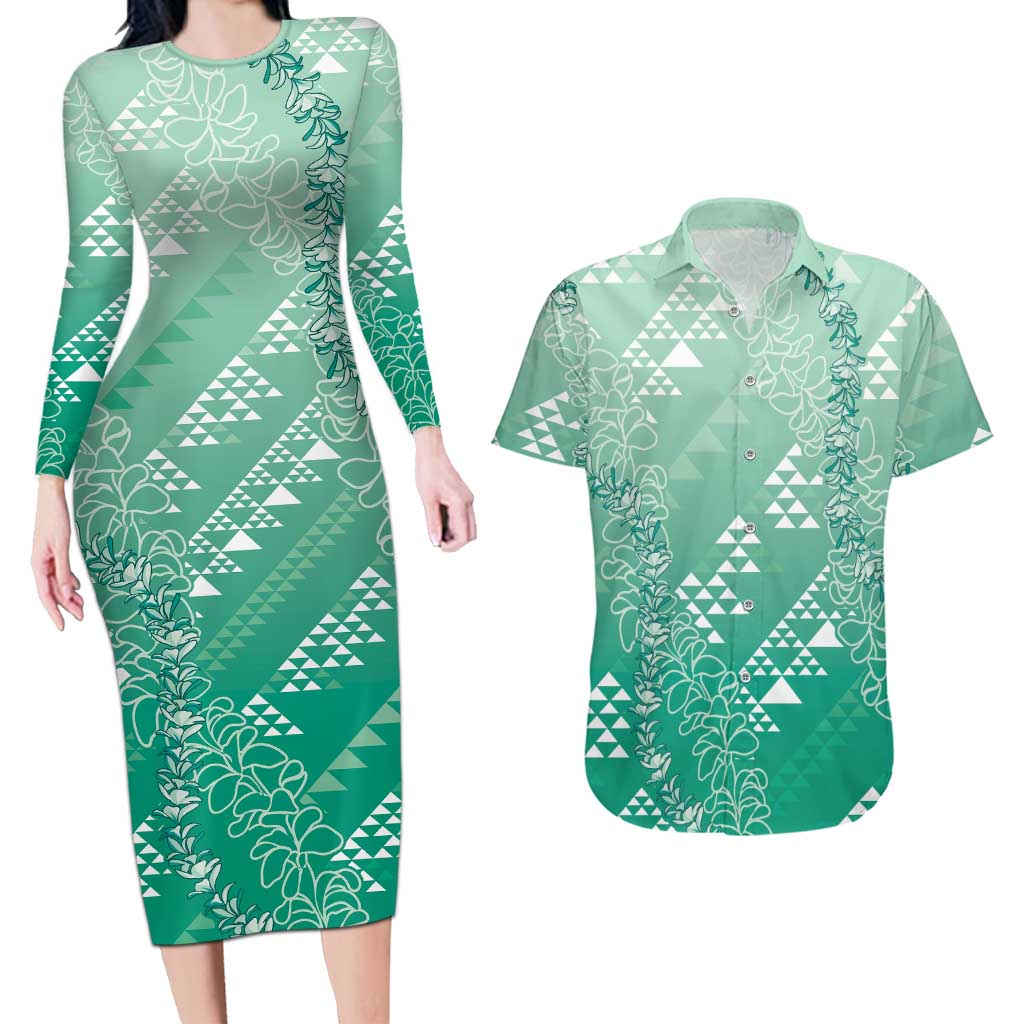 Hawaii Jade Green Kapa Couples Matching Long Sleeve Bodycon Dress and Hawaiian Shirt Vintage 'Ohe Kāpala Motifs Mix Plumeria Leis LT7 Jade Green - Polynesian Pride