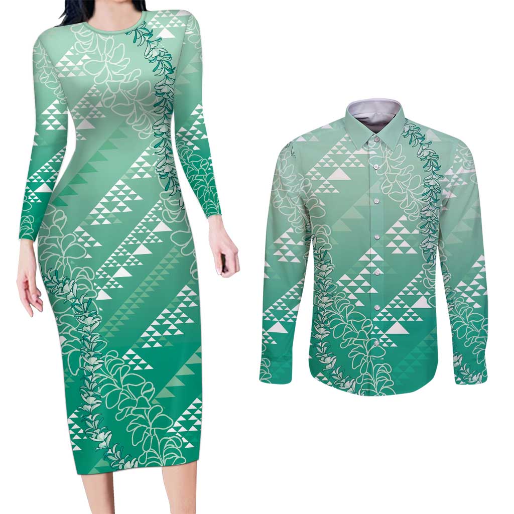 Hawaii Jade Green Kapa Couples Matching Long Sleeve Bodycon Dress and Long Sleeve Button Shirt Vintage 'Ohe Kāpala Motifs Mix Plumeria Leis