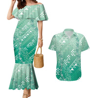 Hawaii Jade Green Kapa Couples Matching Mermaid Dress and Hawaiian Shirt Vintage 'Ohe Kāpala Motifs Mix Plumeria Leis LT7 Jade Green - Polynesian Pride