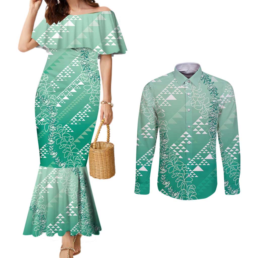 Hawaii Jade Green Kapa Couples Matching Mermaid Dress and Long Sleeve Button Shirt Vintage 'Ohe Kāpala Motifs Mix Plumeria Leis