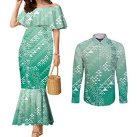 Hawaii Jade Green Kapa Couples Matching Mermaid Dress and Long Sleeve Button Shirt Vintage 'Ohe Kāpala Motifs Mix Plumeria Leis LT7 Jade Green - Polynesian Pride