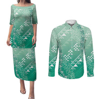 Hawaii Jade Green Kapa Couples Matching Puletasi and Long Sleeve Button Shirt Vintage 'Ohe Kāpala Motifs Mix Plumeria Leis LT7 Jade Green - Polynesian Pride