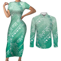 Hawaii Jade Green Kapa Couples Matching Short Sleeve Bodycon Dress and Long Sleeve Button Shirt Vintage 'Ohe Kāpala Motifs Mix Plumeria Leis LT7 Jade Green - Polynesian Pride