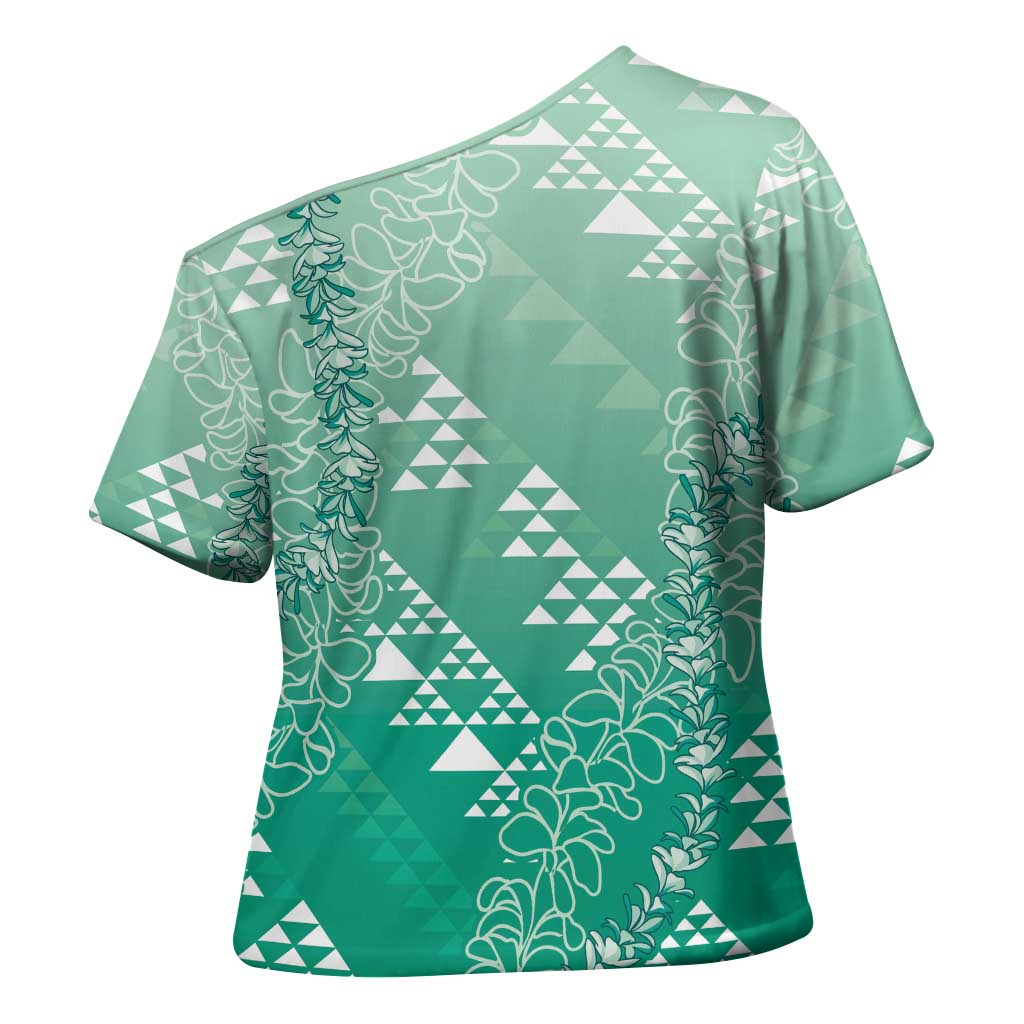 Hawaii Jade Green Kapa Cross Shoulder Shirt Vintage 'Ohe Kāpala Motifs Mix Plumeria Leis LT7 - Polynesian Pride
