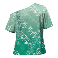 Hawaii Jade Green Kapa Cross Shoulder Shirt Vintage 'Ohe Kāpala Motifs Mix Plumeria Leis LT7 - Polynesian Pride