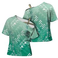 Hawaii Jade Green Kapa Cross Shoulder Shirt Vintage 'Ohe Kāpala Motifs Mix Plumeria Leis LT7 - Polynesian Pride