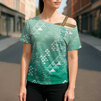 Hawaii Jade Green Kapa Cross Shoulder Shirt Vintage 'Ohe Kāpala Motifs Mix Plumeria Leis LT7 - Polynesian Pride