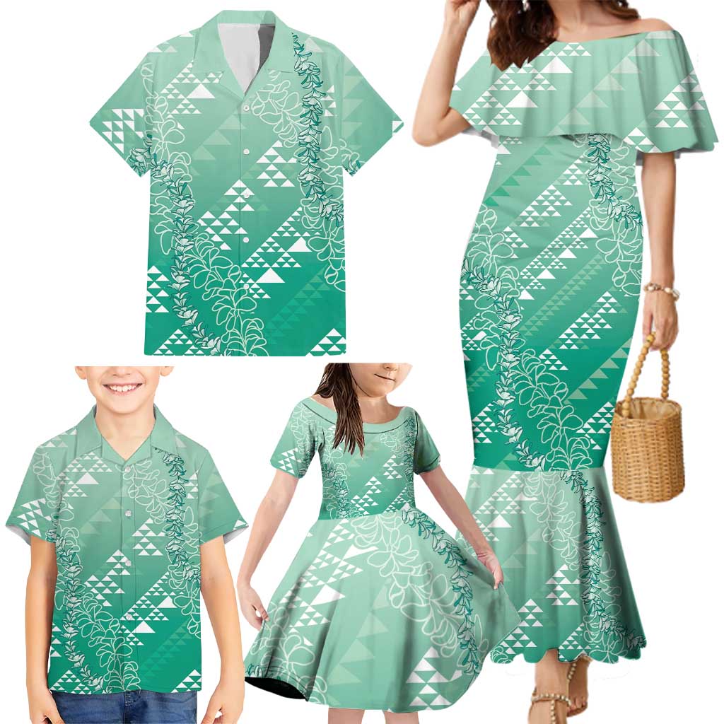 Hawaii Jade Green Kapa Family Matching Mermaid Dress and Hawaiian Shirt Vintage 'Ohe Kāpala Motifs Mix Plumeria Leis