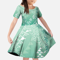 Hawaii Jade Green Kapa Family Matching Off The Shoulder Long Sleeve Dress and Hawaiian Shirt Vintage 'Ohe Kāpala Motifs Mix Plumeria Leis LT7 Daughter's Dress Jade Green - Polynesian Pride