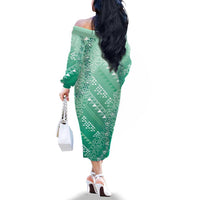Hawaii Jade Green Kapa Family Matching Off The Shoulder Long Sleeve Dress and Hawaiian Shirt Vintage 'Ohe Kāpala Motifs Mix Plumeria Leis LT7 - Polynesian Pride