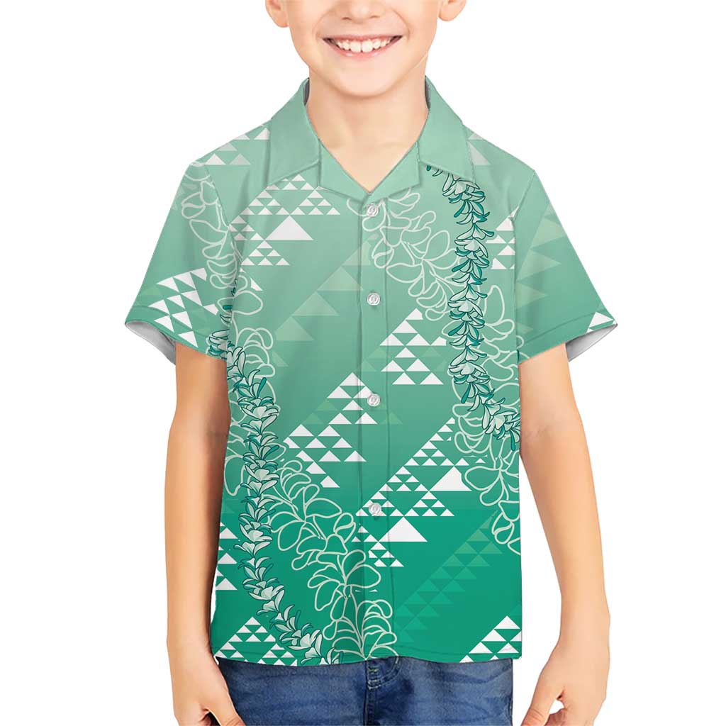 Hawaii Jade Green Kapa Family Matching Off The Shoulder Long Sleeve Dress and Hawaiian Shirt Vintage 'Ohe Kāpala Motifs Mix Plumeria Leis LT7 Son's Shirt Jade Green - Polynesian Pride