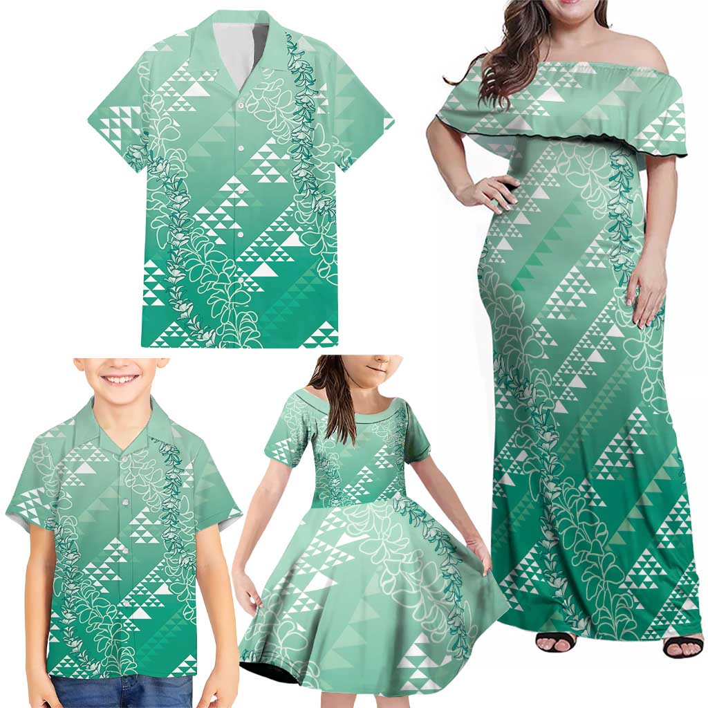 Hawaii Jade Green Kapa Family Matching Off Shoulder Maxi Dress and Hawaiian Shirt Vintage 'Ohe Kāpala Motifs Mix Plumeria Leis LT7 - Polynesian Pride