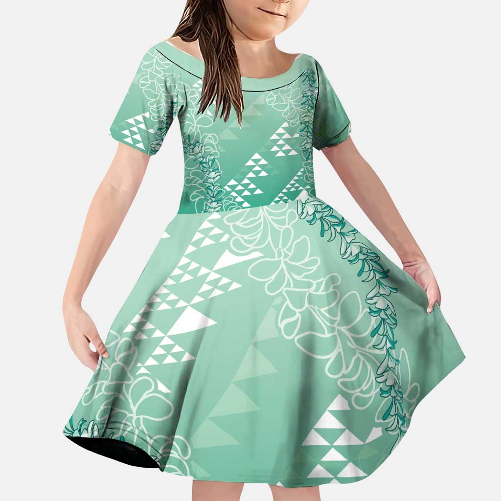 Hawaii Jade Green Kapa Family Matching Short Sleeve Bodycon Dress and Hawaiian Shirt Vintage 'Ohe Kāpala Motifs Mix Plumeria Leis LT7 Daughter's Dress Jade Green - Polynesian Pride