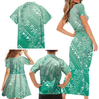 Hawaii Jade Green Kapa Family Matching Short Sleeve Bodycon Dress and Hawaiian Shirt Vintage 'Ohe Kāpala Motifs Mix Plumeria Leis LT7 - Polynesian Pride