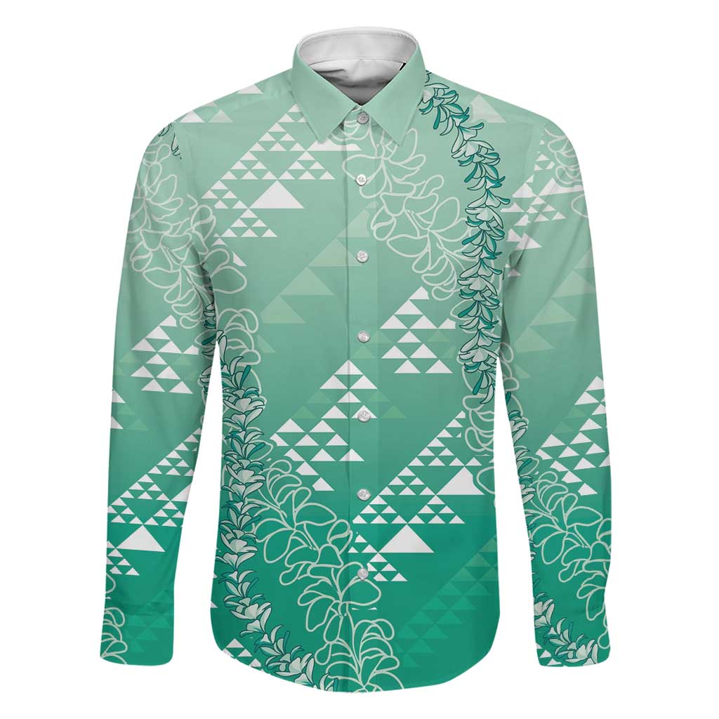 Hawaii Jade Green Kapa Family Matching Short Sleeve Bodycon Dress and Hawaiian Shirt Vintage 'Ohe Kāpala Motifs Mix Plumeria Leis LT7 Dad's Shirt - Long Sleeve Jade Green - Polynesian Pride