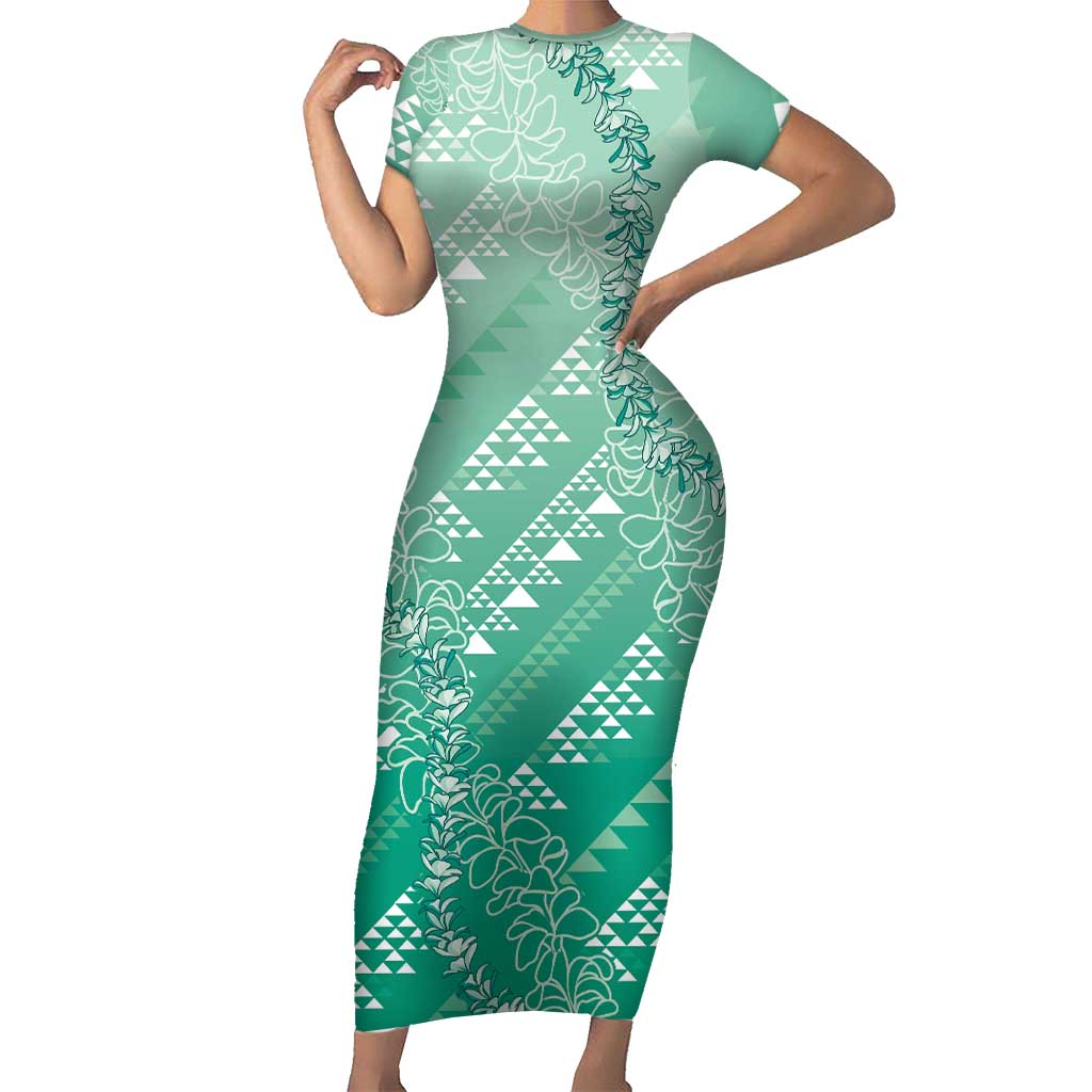 Hawaii Jade Green Kapa Family Matching Short Sleeve Bodycon Dress and Hawaiian Shirt Vintage 'Ohe Kāpala Motifs Mix Plumeria Leis LT7 Mom's Dress Jade Green - Polynesian Pride