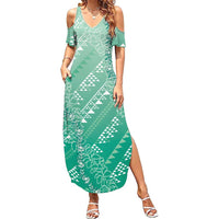 Hawaii Jade Green Kapa Family Matching Summer Maxi Dress and Hawaiian Shirt Vintage 'Ohe Kāpala Motifs Mix Plumeria Leis LT7 Mom's Dress Jade Green - Polynesian Pride