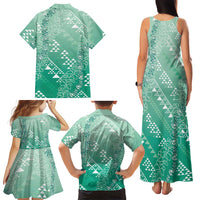 Hawaii Jade Green Kapa Family Matching Tank Maxi Dress and Hawaiian Shirt Vintage 'Ohe Kāpala Motifs Mix Plumeria Leis LT7 - Polynesian Pride