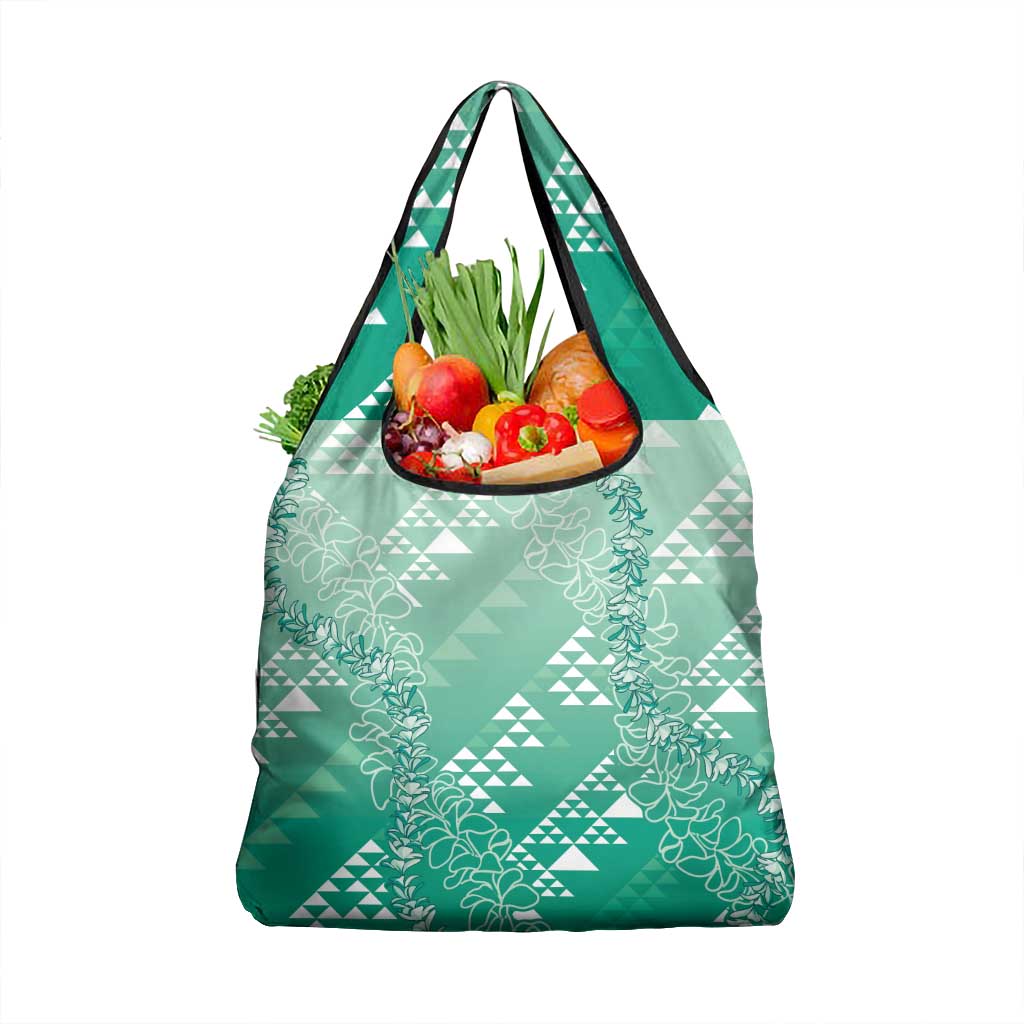 Hawaii Jade Green Kapa Grocery Bag Vintage 'Ohe Kāpala Motifs Mix Plumeria Leis