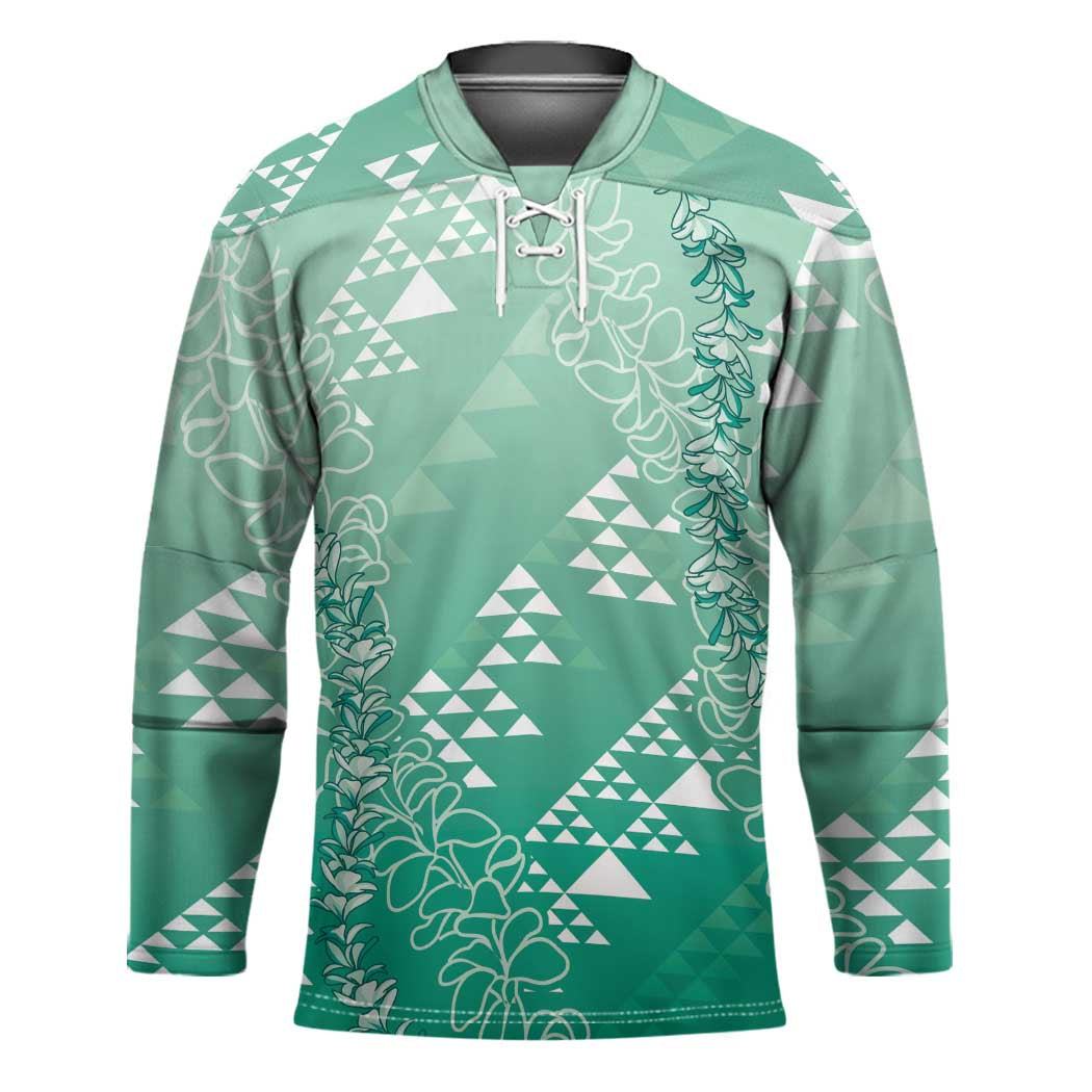 Hawaii Jade Green Kapa Hockey Jersey Vintage 'Ohe Kāpala Motifs Mix Plumeria Leis LT7 Unisex Jade Green - Polynesian Pride