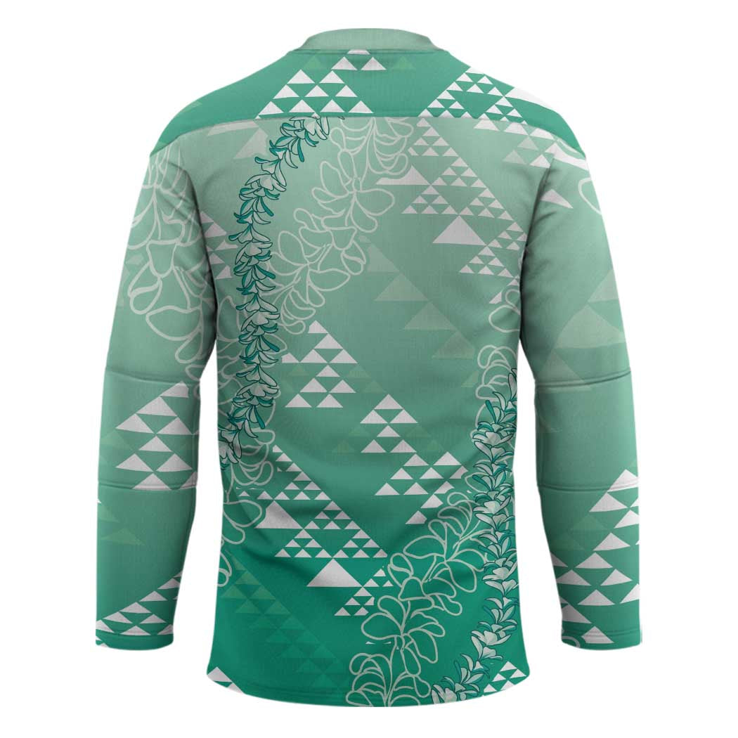 Hawaii Jade Green Kapa Hockey Jersey Vintage 'Ohe Kāpala Motifs Mix Plumeria Leis LT7 - Polynesian Pride