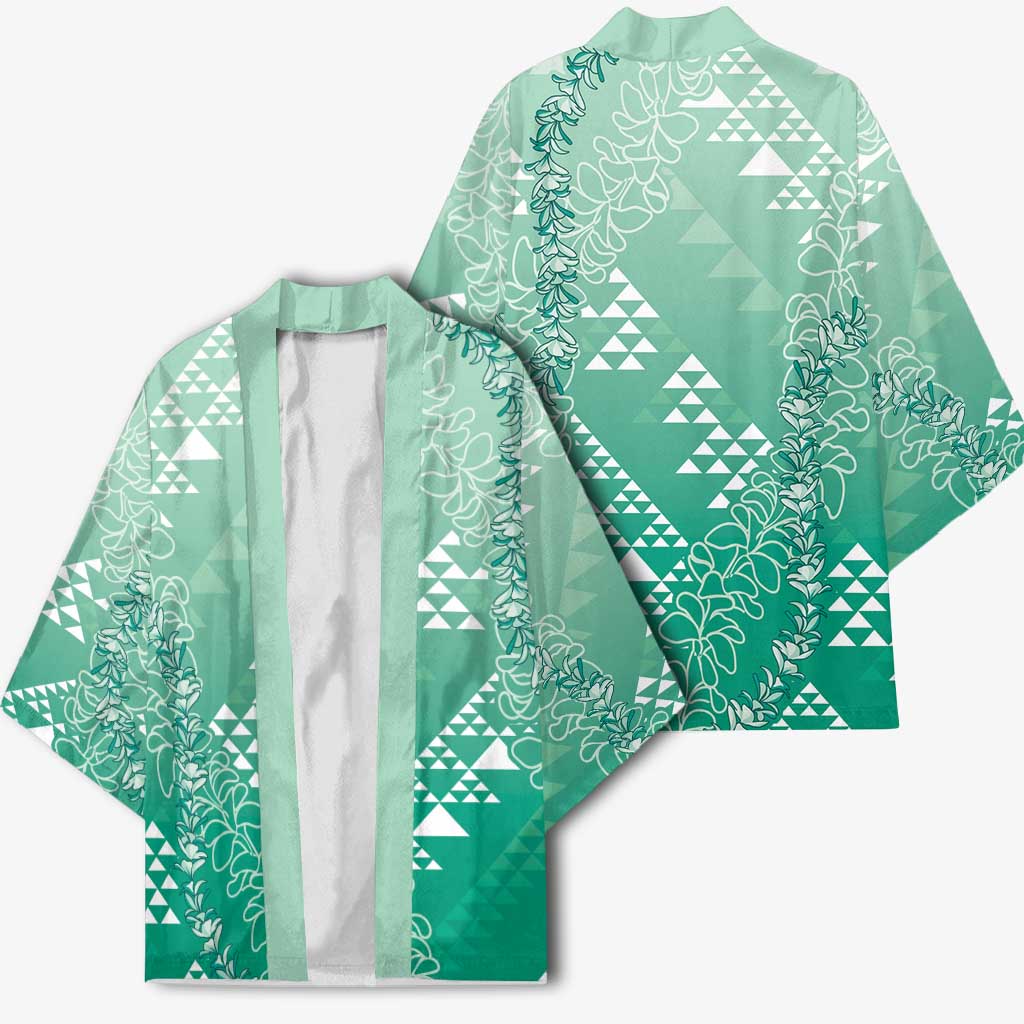 Hawaii Jade Green Kapa Kimono Vintage 'Ohe Kāpala Motifs Mix Plumeria Leis