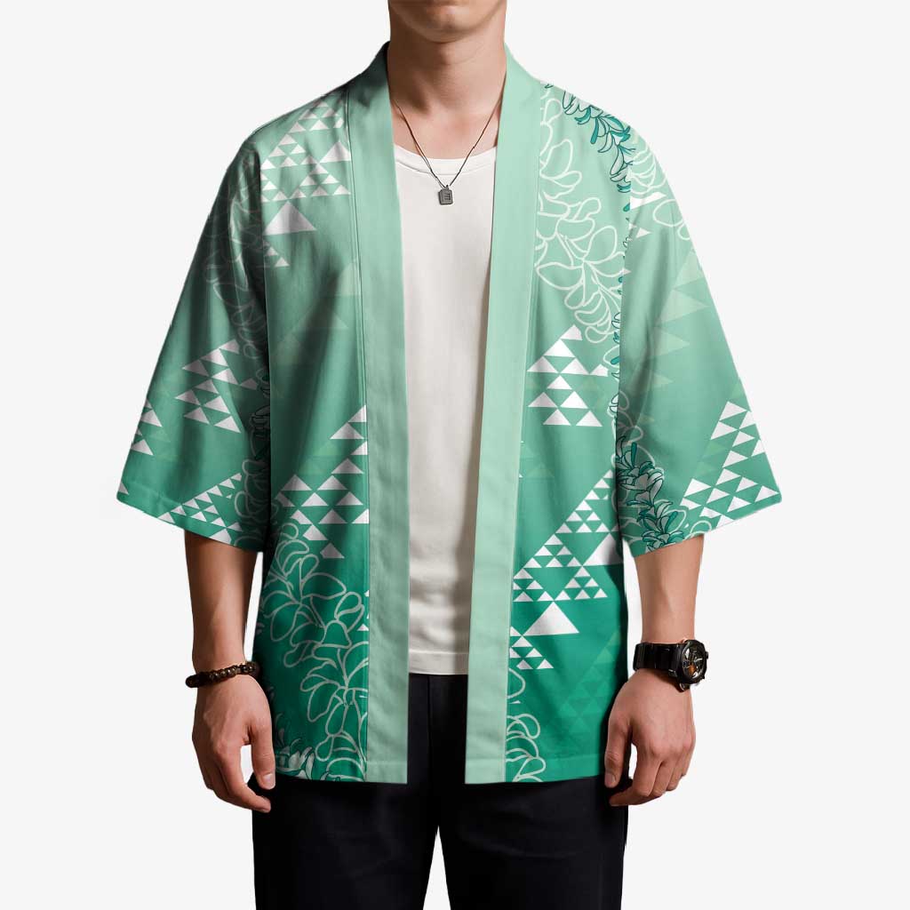 Hawaii Jade Green Kapa Kimono Vintage 'Ohe Kāpala Motifs Mix Plumeria Leis