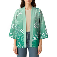 Hawaii Jade Green Kapa Kimono Vintage 'Ohe Kāpala Motifs Mix Plumeria Leis