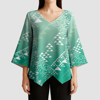 Hawaii Jade Green Kapa Kimono Sleeve Blouse Vintage 'Ohe Kāpala Motifs Mix Plumeria Leis LT7 - Polynesian Pride
