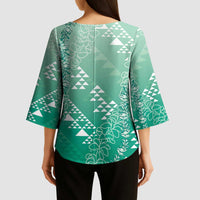 Hawaii Jade Green Kapa Kimono Sleeve Blouse Vintage 'Ohe Kāpala Motifs Mix Plumeria Leis LT7 - Polynesian Pride
