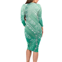 Hawaii Jade Green Kapa Long Sleeve Bodycon Dress Vintage 'Ohe Kāpala Motifs Mix Plumeria Leis LT7 - Polynesian Pride