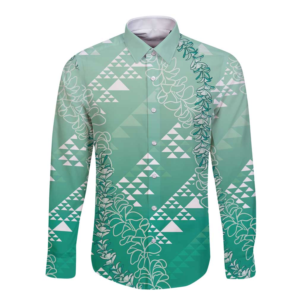 Hawaii Jade Green Kapa Long Sleeve Button Shirt Vintage 'Ohe Kāpala Motifs Mix Plumeria Leis LT7 Unisex Jade Green - Polynesian Pride