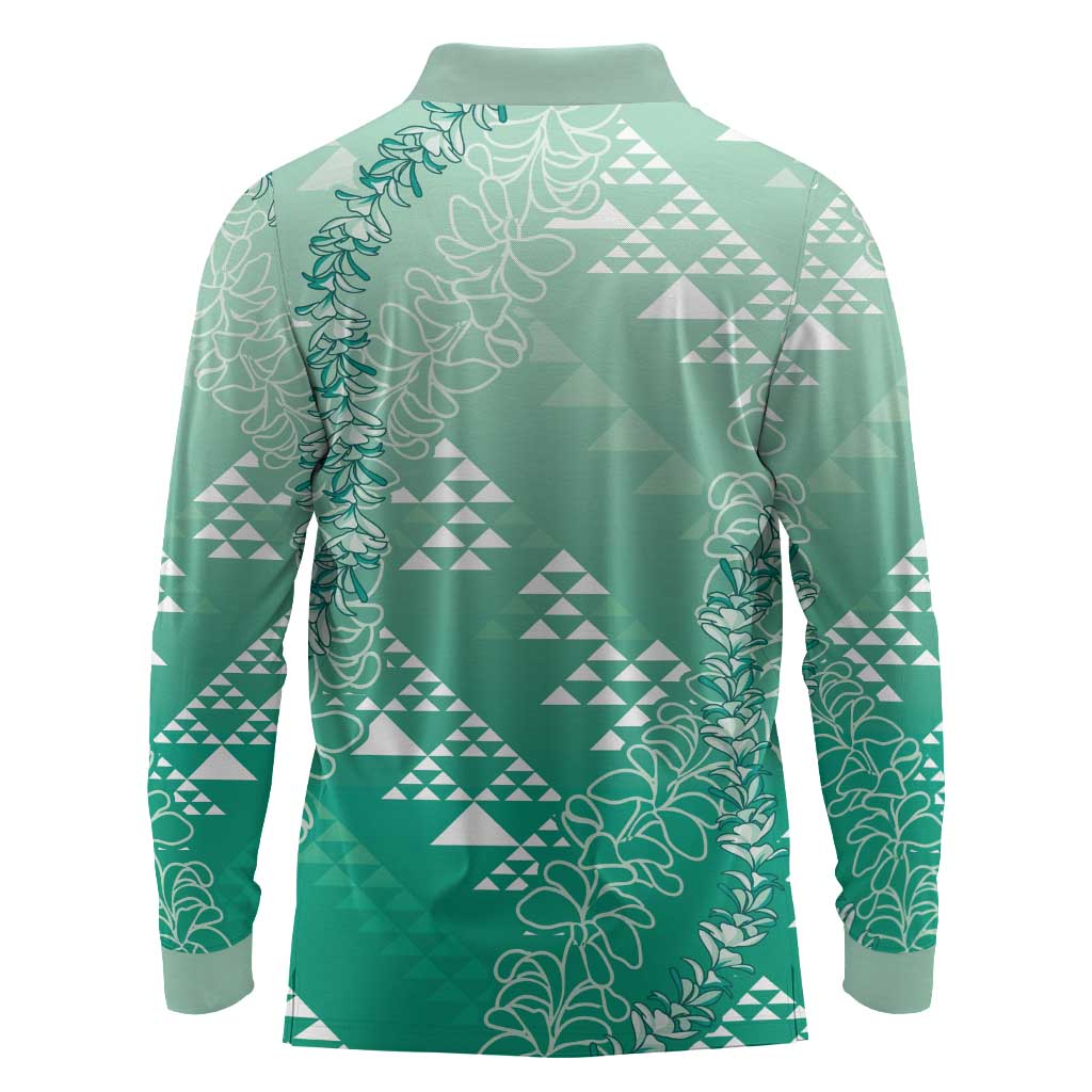 Hawaii Jade Green Kapa Long Sleeve Polo Shirt Vintage 'Ohe Kāpala Motifs Mix Plumeria Leis LT7 - Polynesian Pride