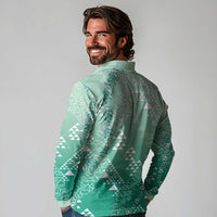 Hawaii Jade Green Kapa Long Sleeve Polo Shirt Vintage 'Ohe Kāpala Motifs Mix Plumeria Leis LT7 - Polynesian Pride