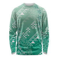 Hawaii Jade Green Kapa Long Sleeve Shirt Vintage 'Ohe Kāpala Motifs Mix Plumeria Leis LT7 Unisex Jade Green - Polynesian Pride