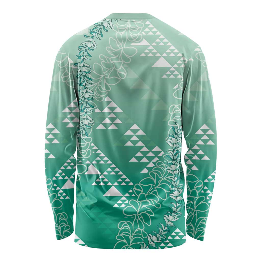 Hawaii Jade Green Kapa Long Sleeve Shirt Vintage 'Ohe Kāpala Motifs Mix Plumeria Leis LT7 - Polynesian Pride