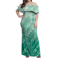 Hawaii Jade Green Kapa Off Shoulder Maxi Dress Vintage 'Ohe Kāpala Motifs Mix Plumeria Leis LT7 Women Jade Green - Polynesian Pride