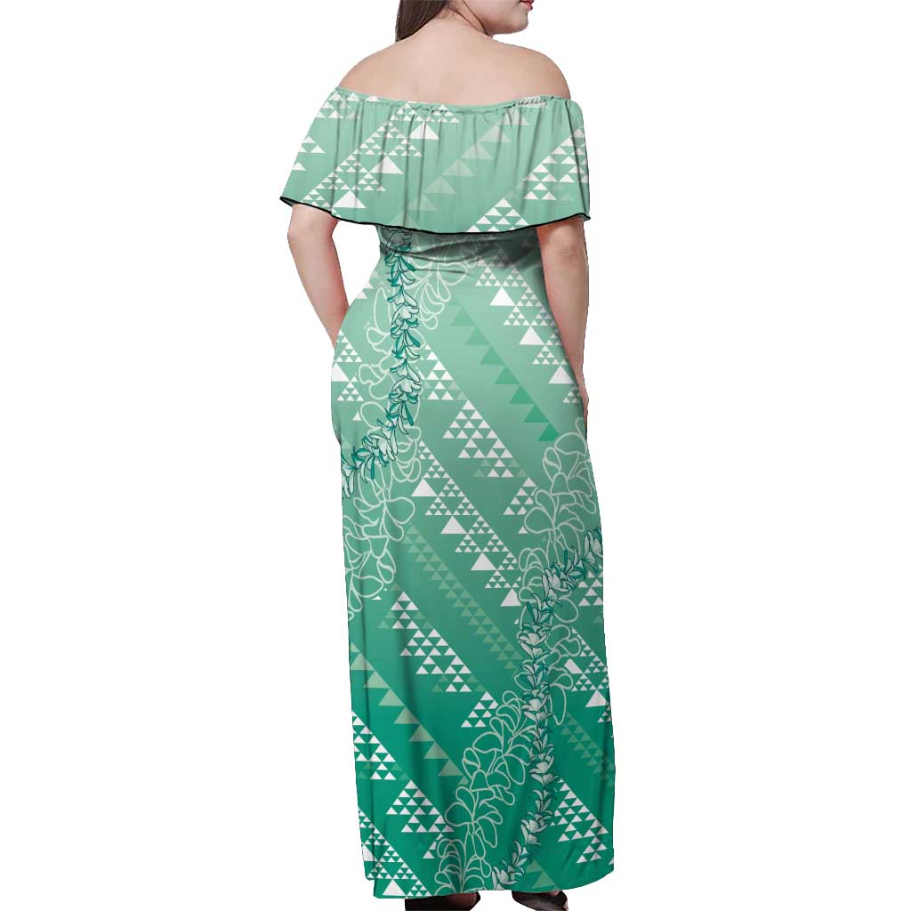 Hawaii Jade Green Kapa Off Shoulder Maxi Dress Vintage 'Ohe Kāpala Motifs Mix Plumeria Leis LT7 - Polynesian Pride